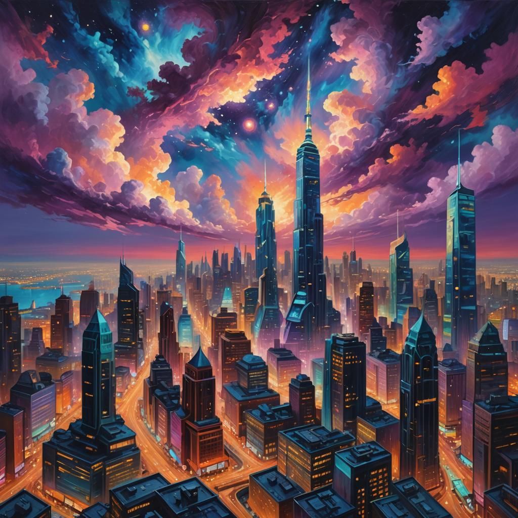 Futuristic Cityscape at Night in Van Gogh Style