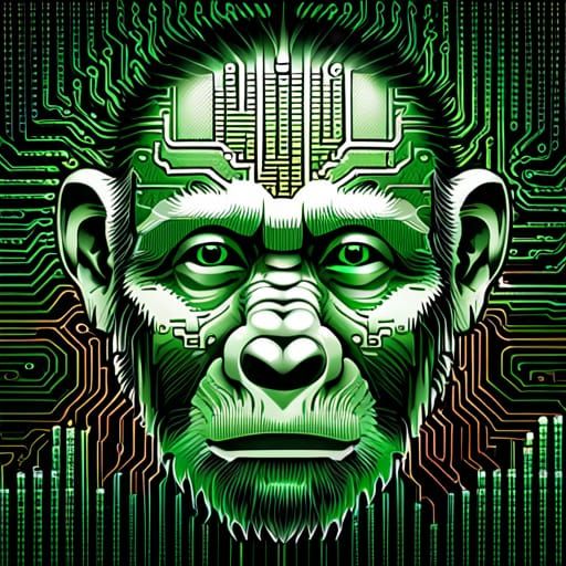 Chimpanzee Portrait in Green ASCII Text