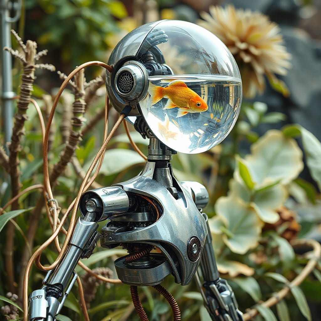 Futuristic Robot with Aquatic Head in Ethereal Garden