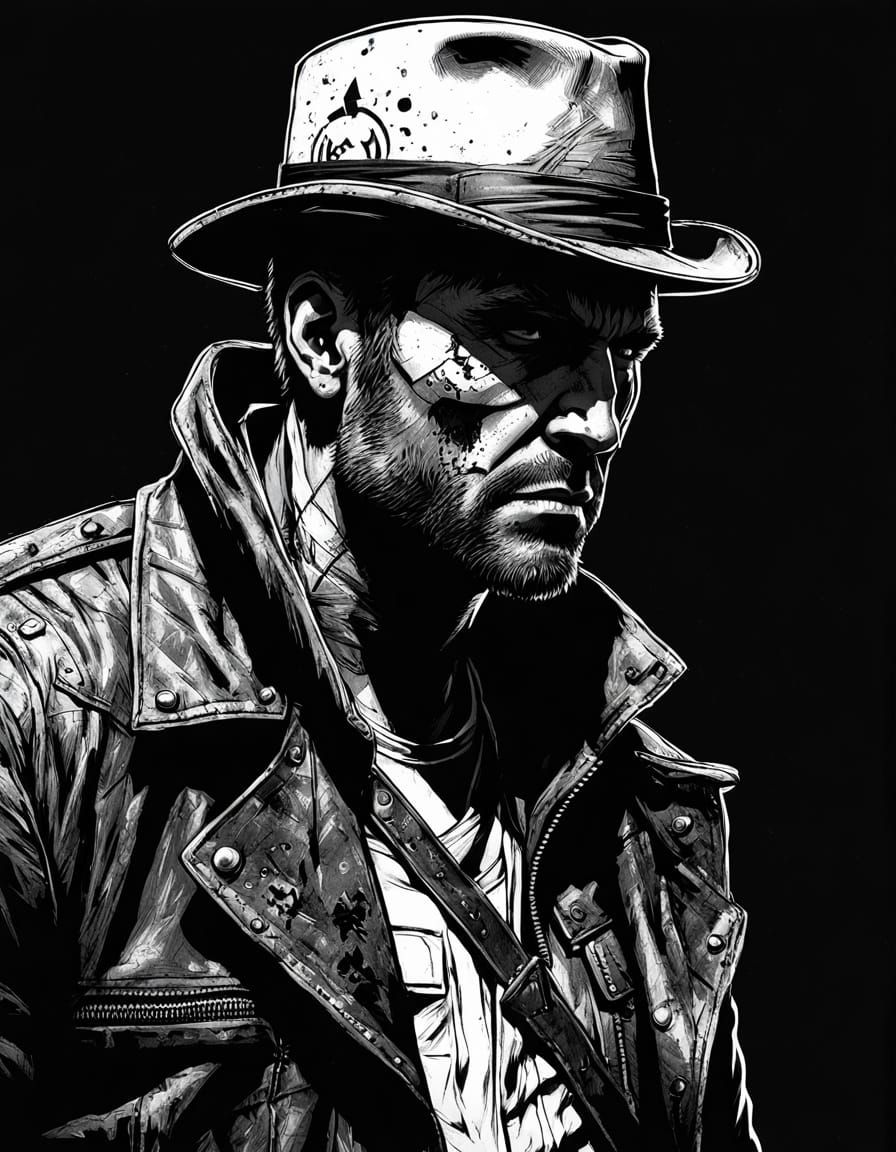 Sad Man in Mad Max Style: Black and White Portrait