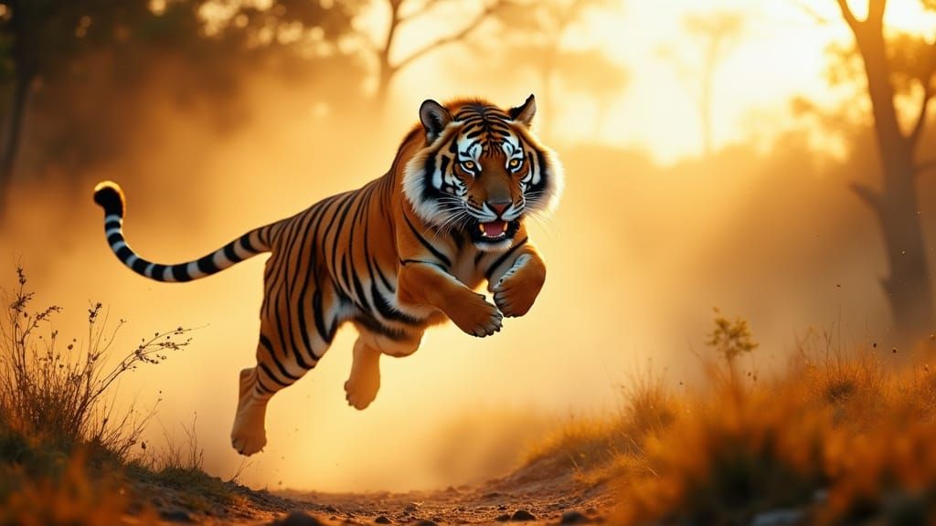 Tiger in Mid-Air Leap Amidst Dawn Savannah