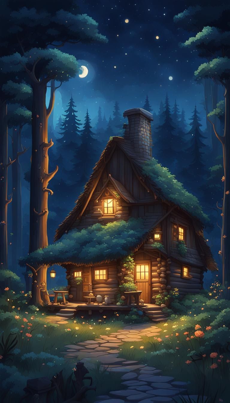 Rustic Cabin in Forest Under Starry Night Sky