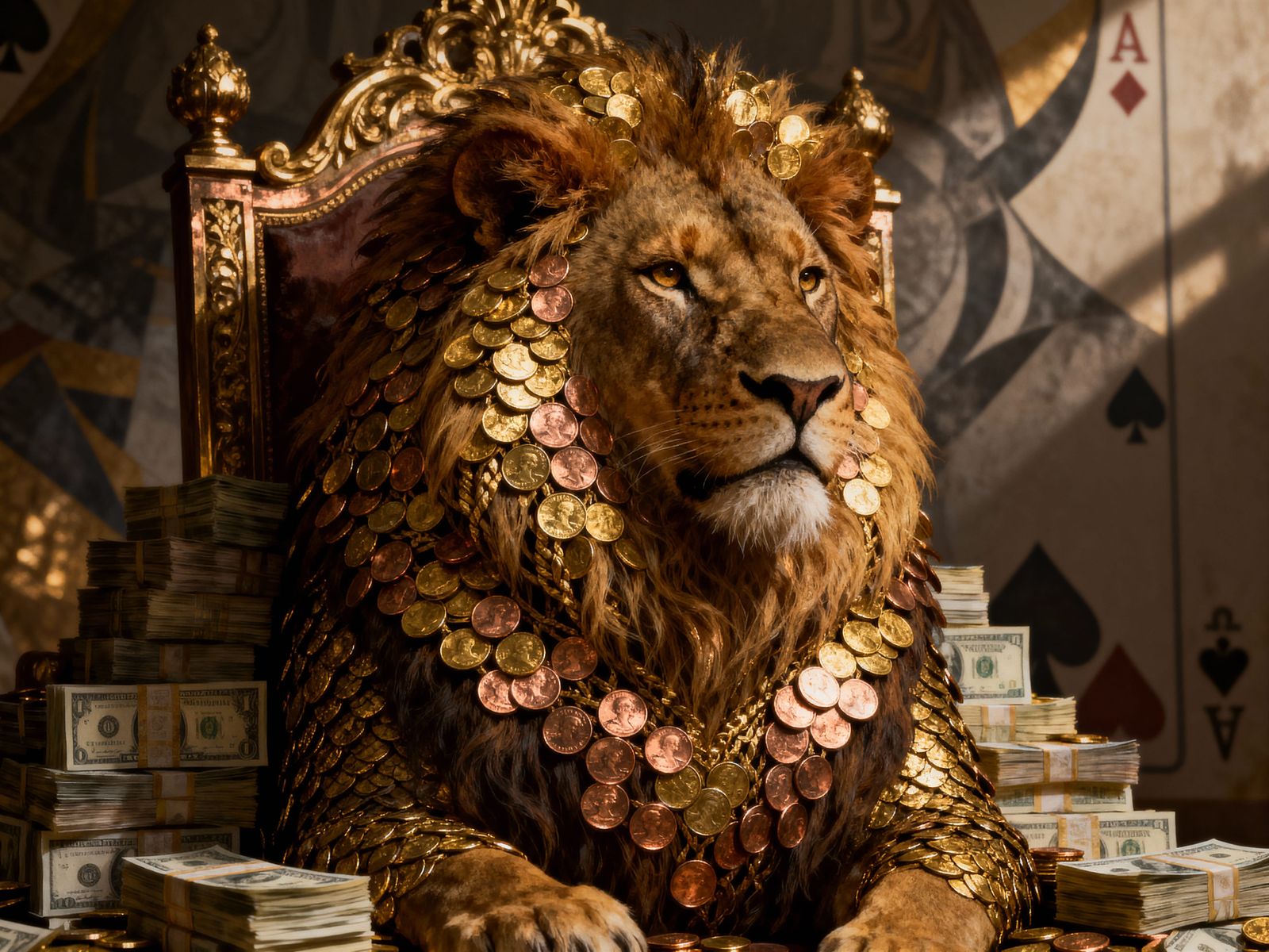 Majestic Lion Portrait Woven from Gold Coins