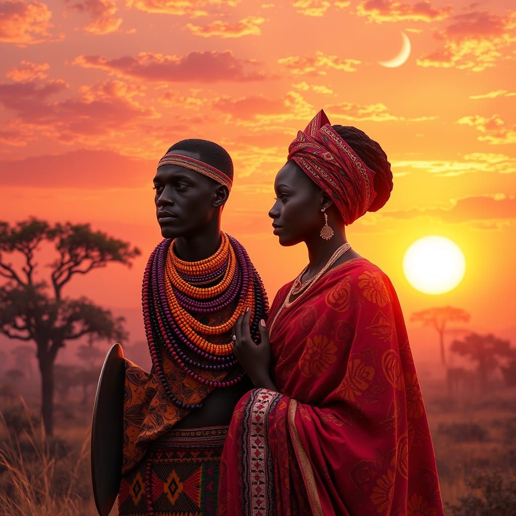 African Warrior Prince Captivated by Regal Queen Under Golde...