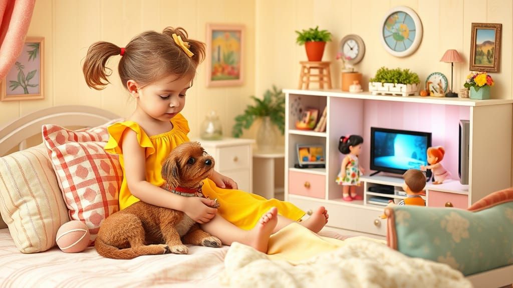 Girl Plays with Dollhouse in Children's Book Illustration St...