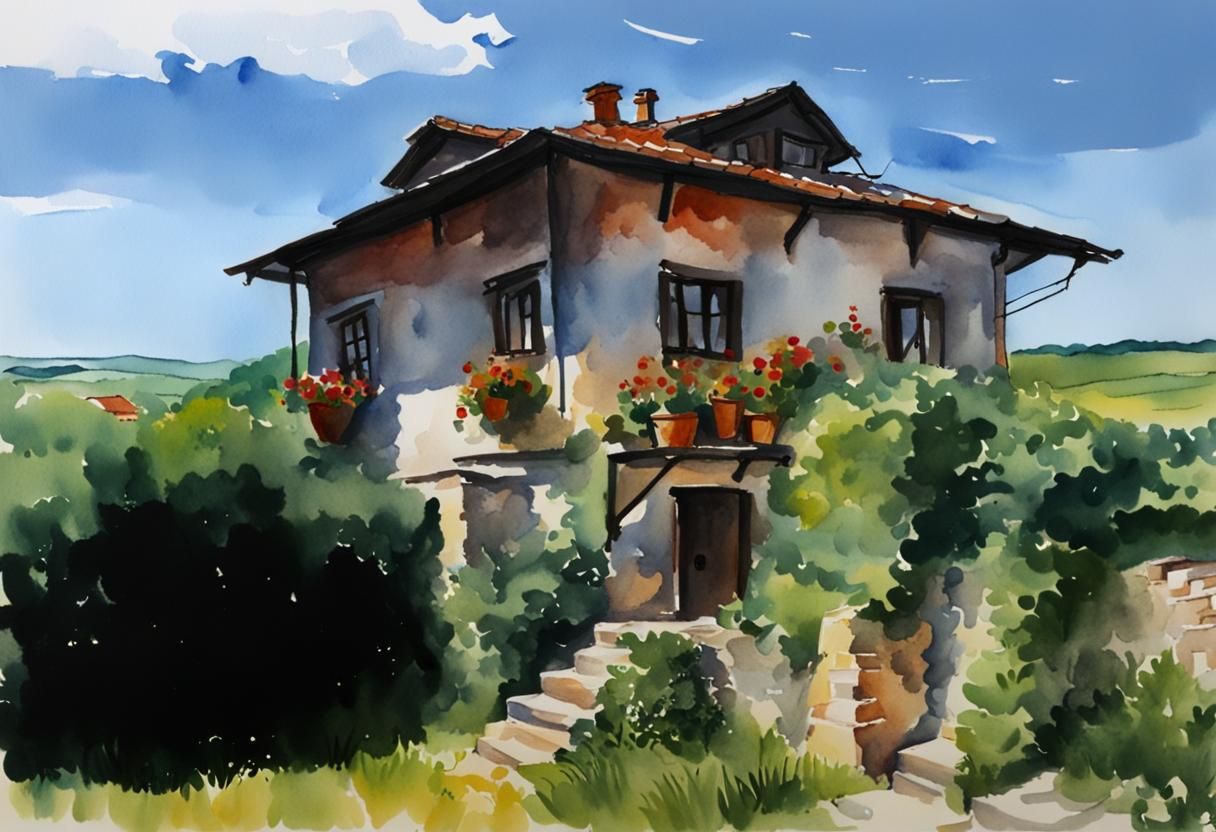 Bulgarian Village Sunset in Watercolor Style