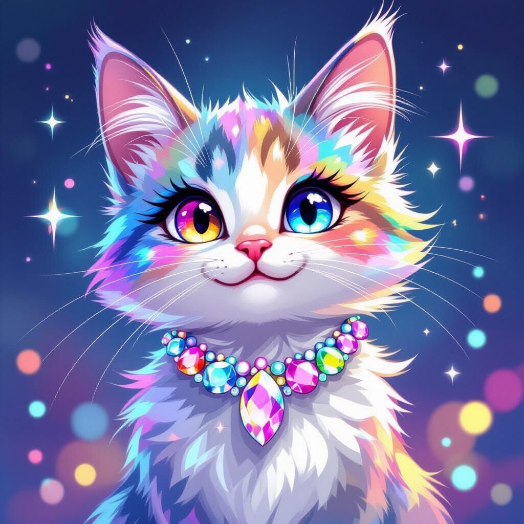 Iridescent Cartoon Cat in Whimsical Style