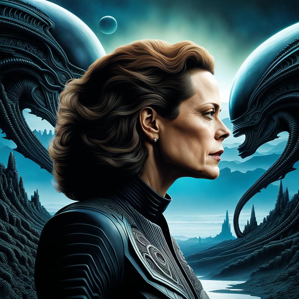 Sigourney Weaver Portrait in Giger Sci-Fi Style