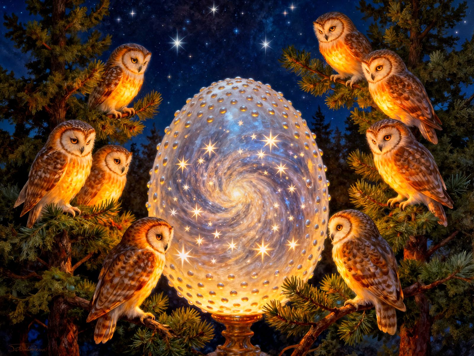 Owls Watch Over Glowing Egg in Starry Night