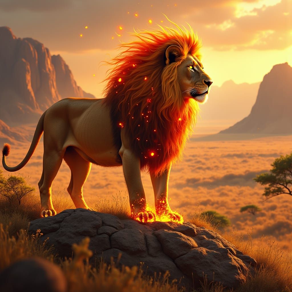 Regal Lion Reigns Over Golden Savannah in Fiery Splendor