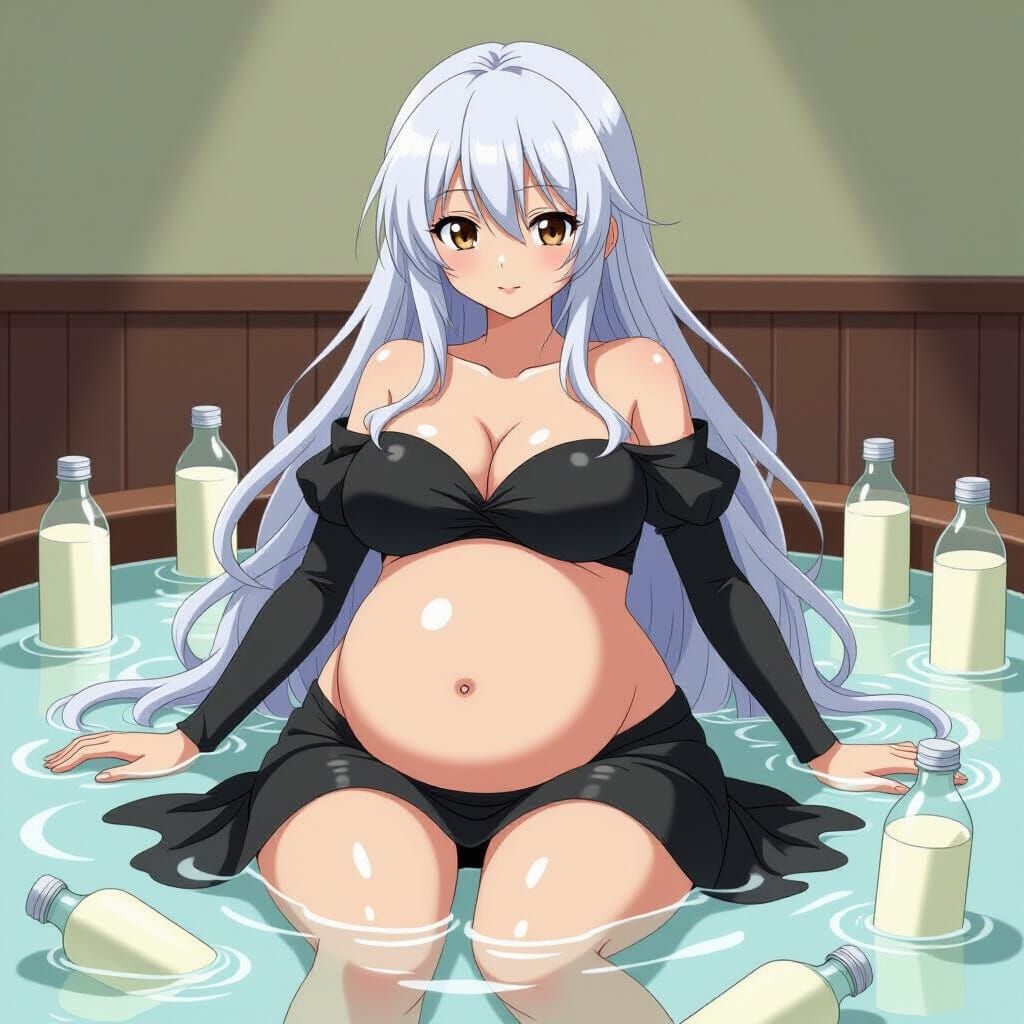 Anime Woman in Milk with Bloated Belly, Cartoon Style