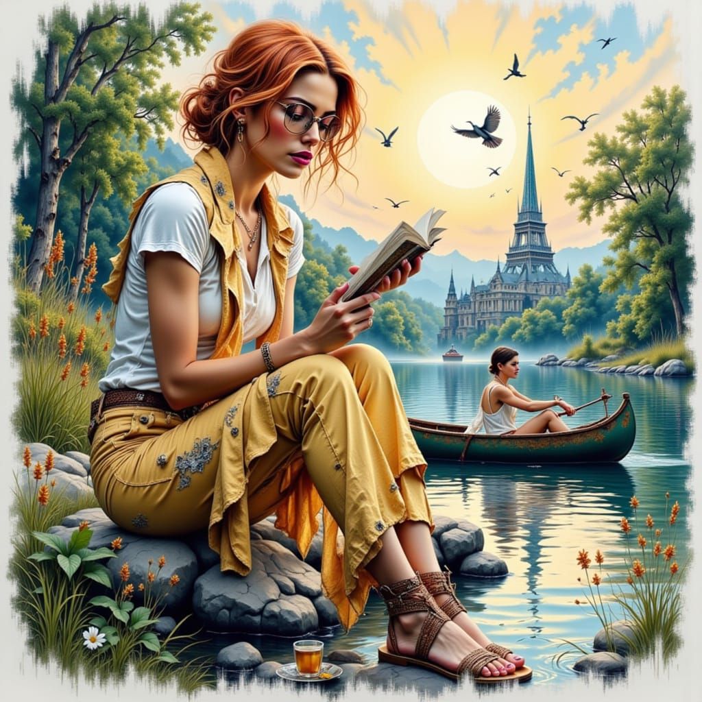 Scratchwork Portrait of a Hippie Woman Reading by a Serene L...