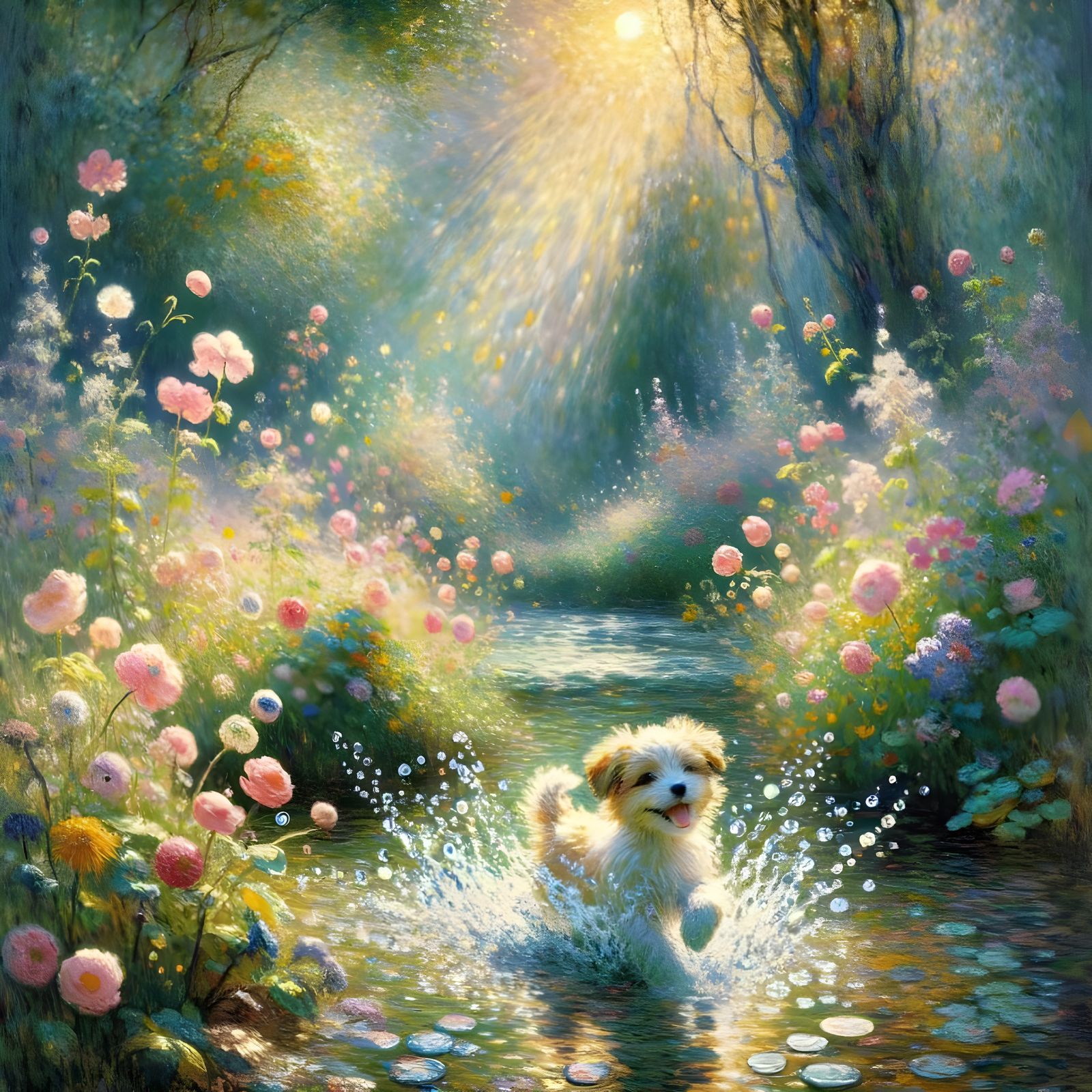 Water Puppy Frolicking in Blossoming Meadow