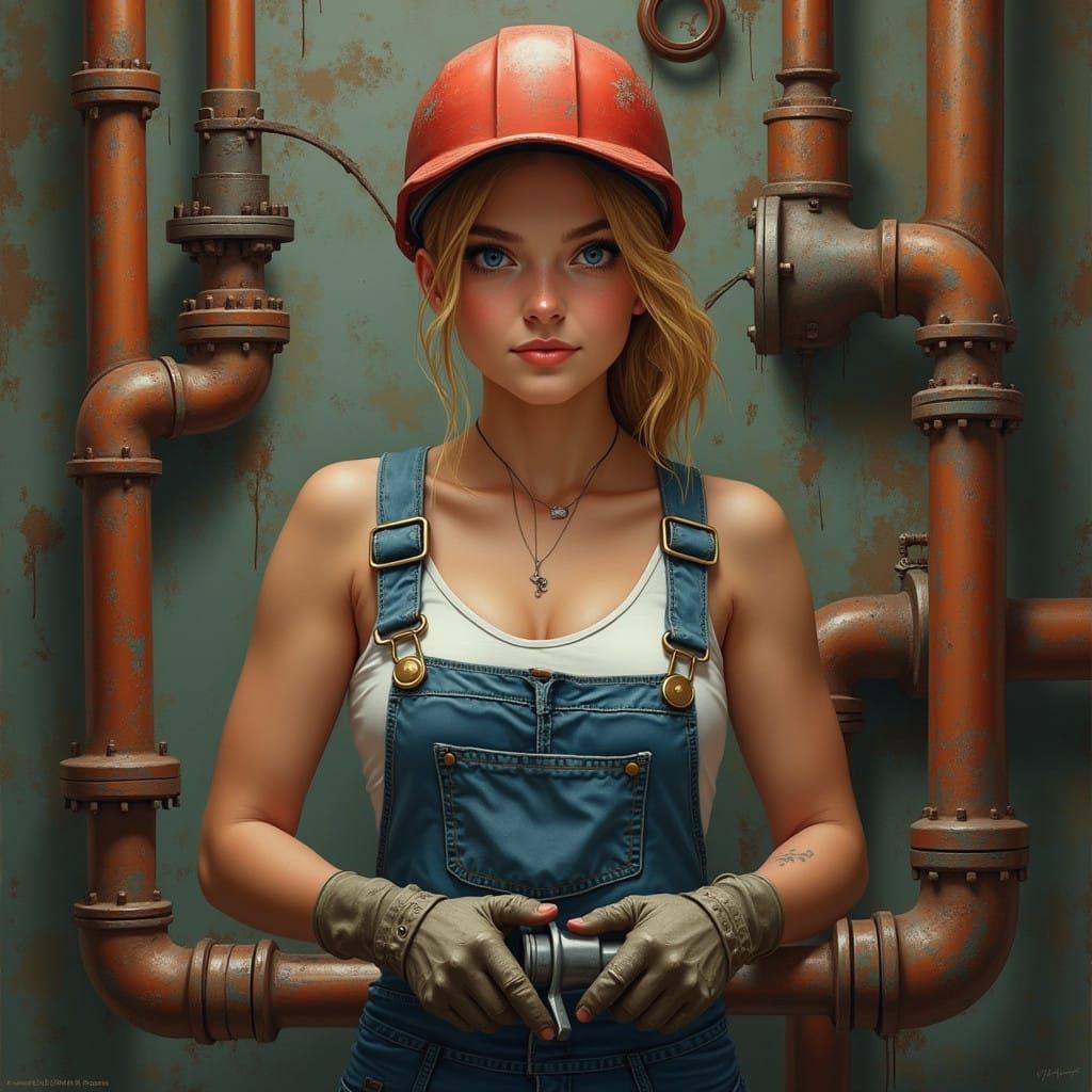 Gritty Realism Portrait of Female Plumber in Action