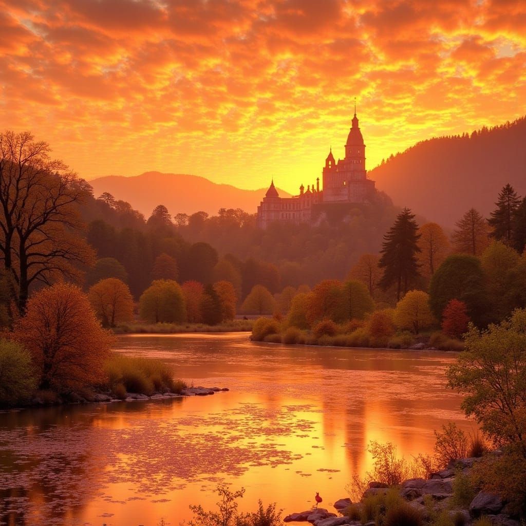 Enchanted Castle at Golden Sunset, Dreamlike Fantasy Art