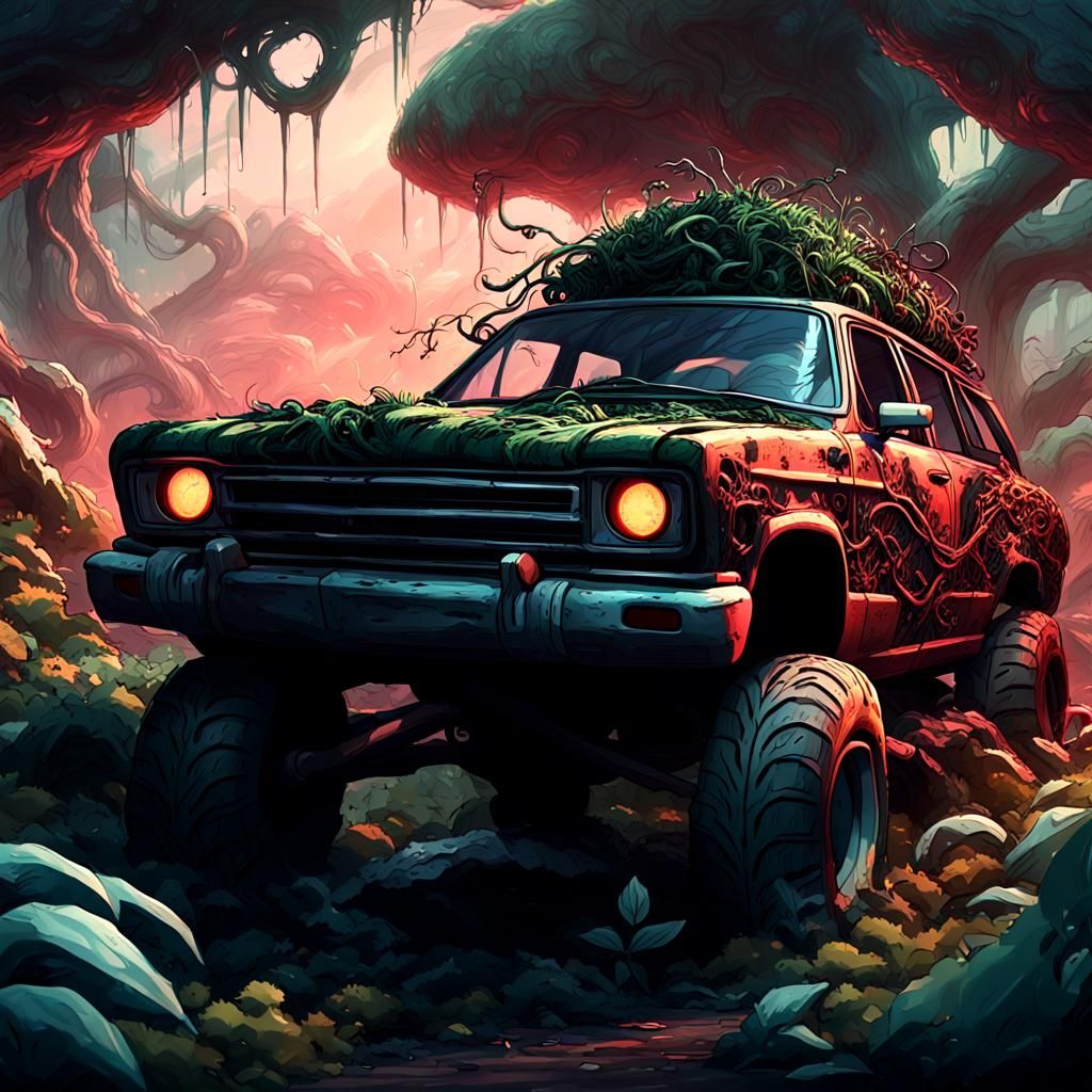 Apocalyptic Junk Car Surrounded by Mutated Plants