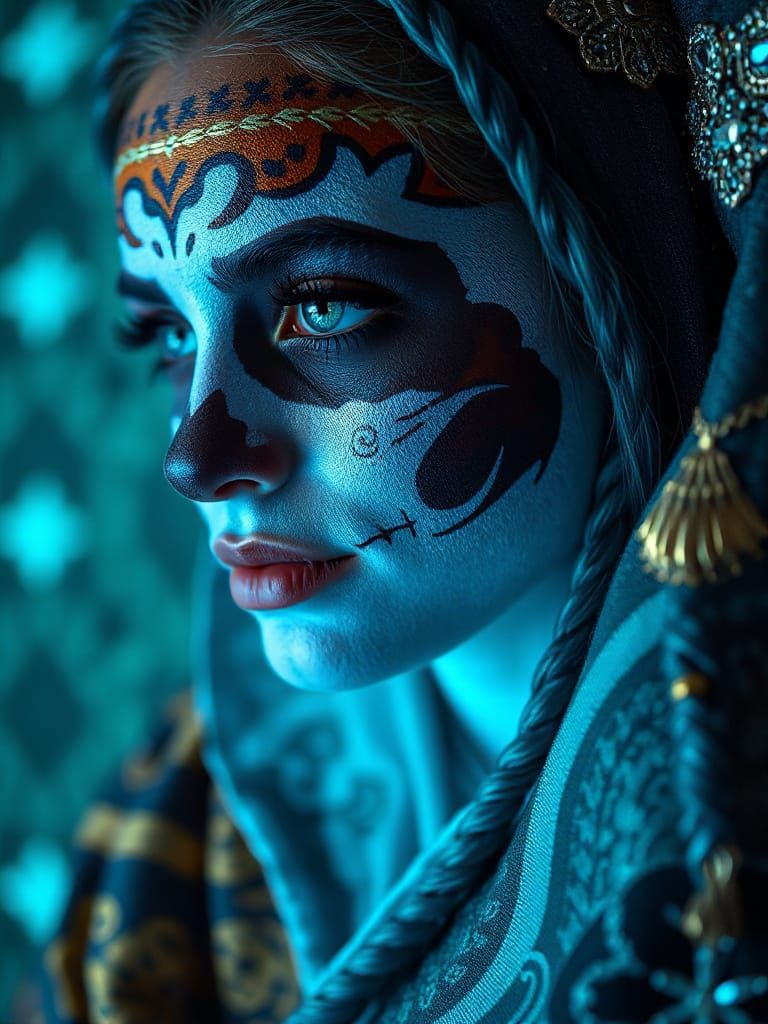 Vibrant Sugar Skull Girl in Neon Fractal Robe