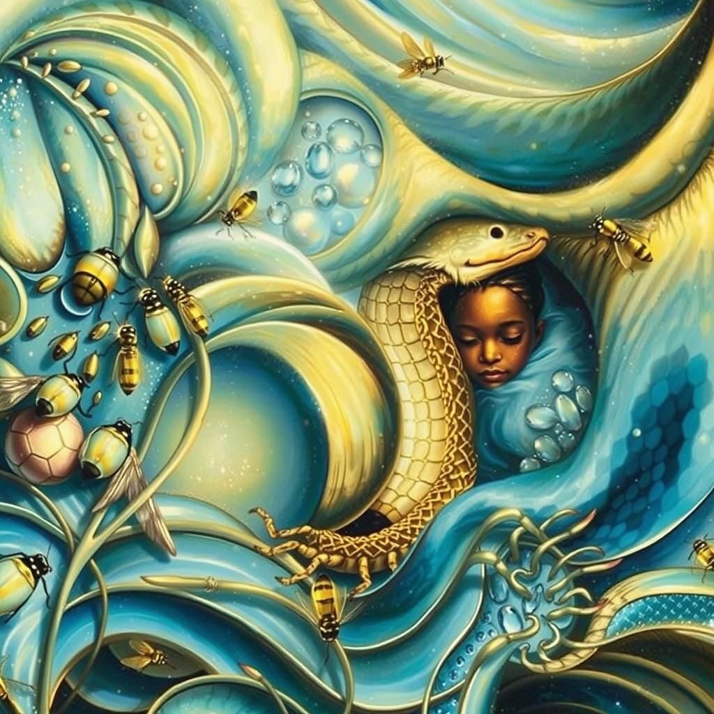 Dreamy Woman vs Spider-Snake in Surreal Art