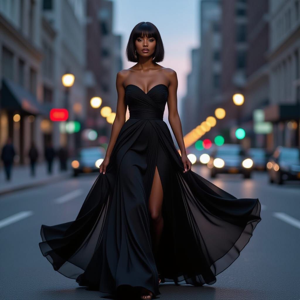 Woman in Black Gown Walking City Street at Dusk
