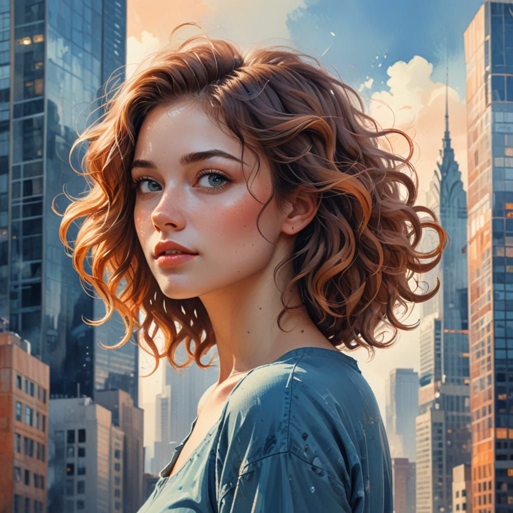 Woman With Abstract Skyscrapers Emerging From Hair