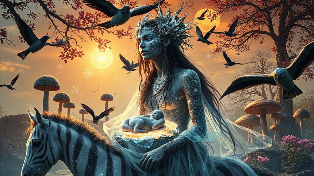 Mystical Shaman Woman in Bioluminescent Frozen Oasis