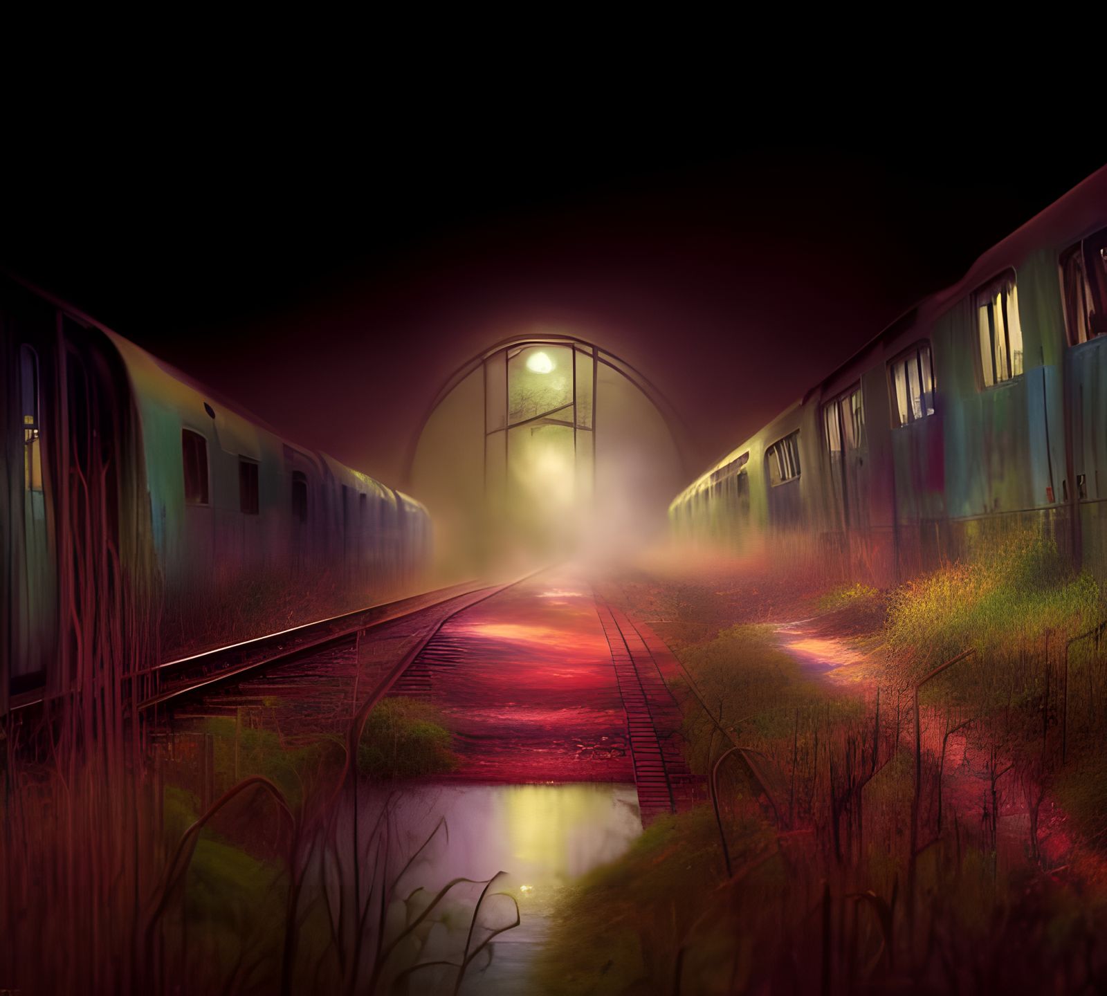 Moss-Covered Trains in Overgrown Rail Yard