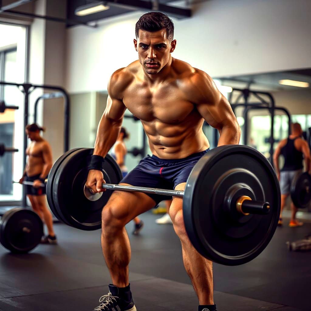 Muscular Man Lifting Weights in Gym, Cinematic Style
