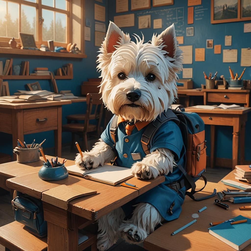 Westie Puppy in Miniature School: Matte Painting