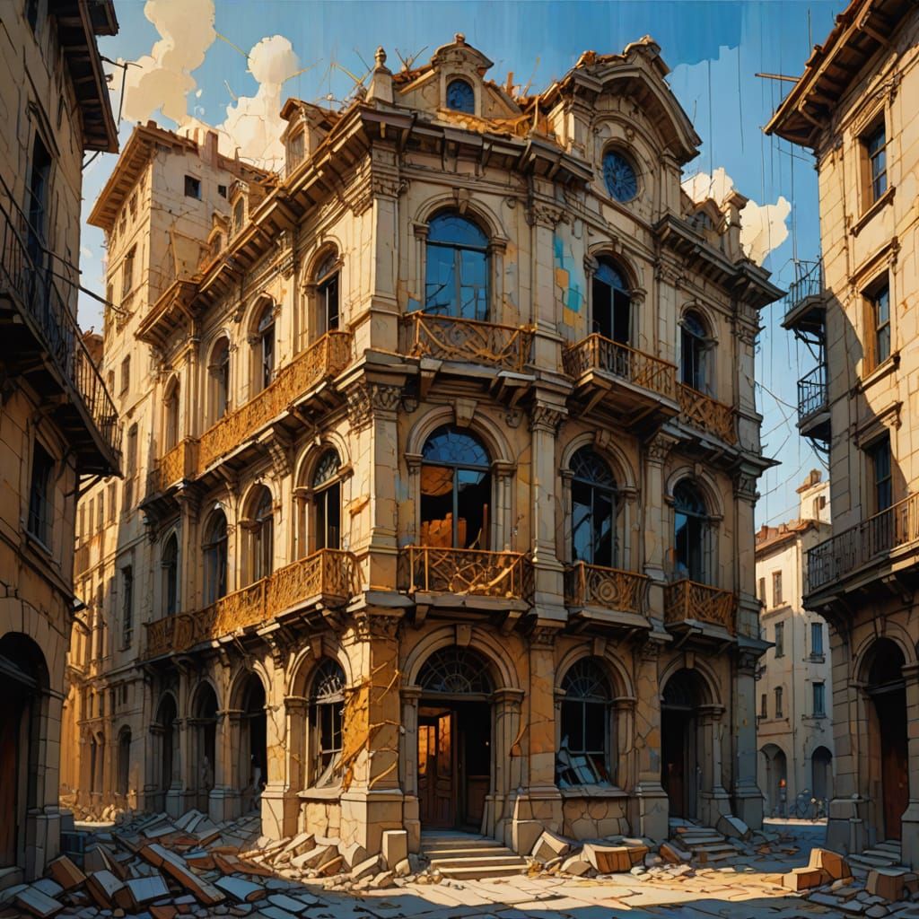 Expressionist Architectural Chaos in Vibrant Oil Paint