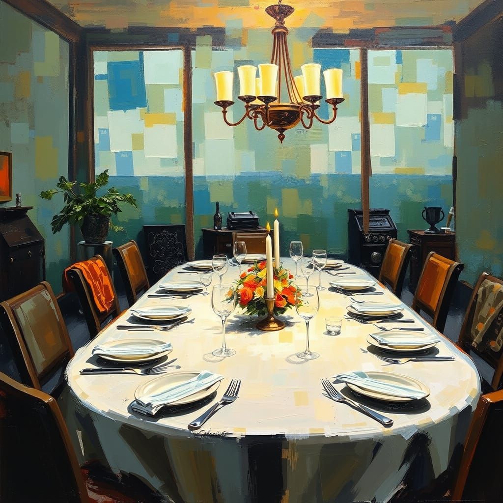 Surreal Dinner Scene in Abstract Modern Oil Painting Style