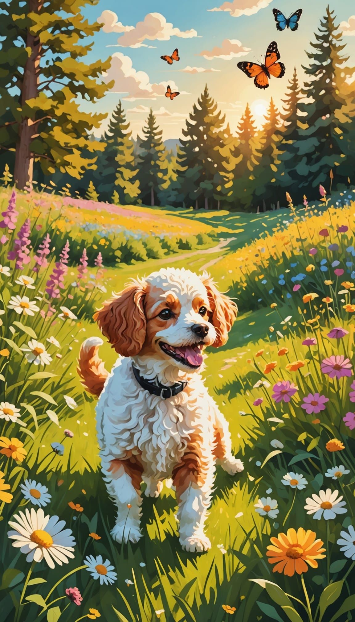 Ginger Cat and Poodle in Wildflower Field as Impressionism