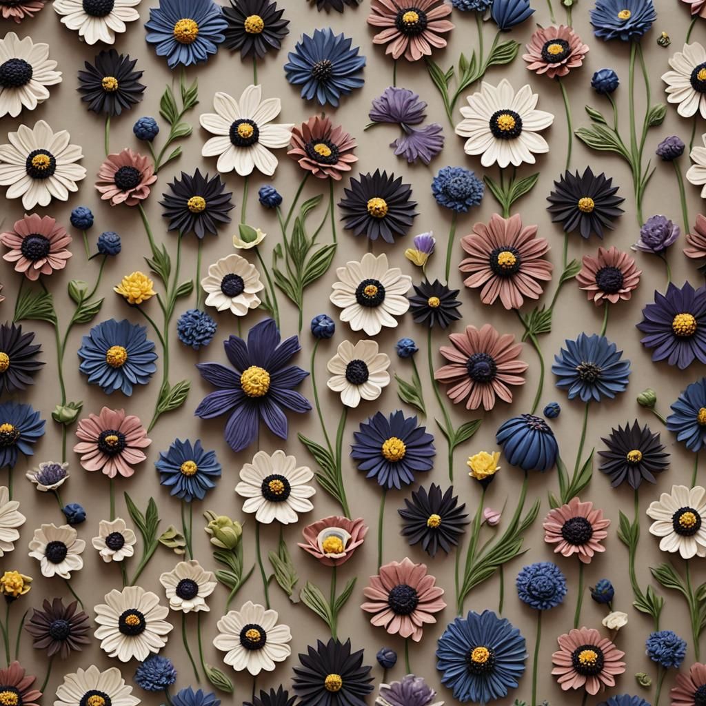 Create a surreal visual that features an array of 3D quilted flowers - Chocolate Cosmos, African Lily, Globe Thistle, Ba...
