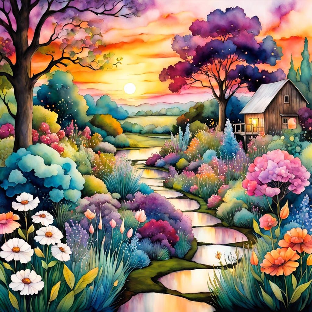 Otherworldly Alcohol Ink Country Garden at Sunset