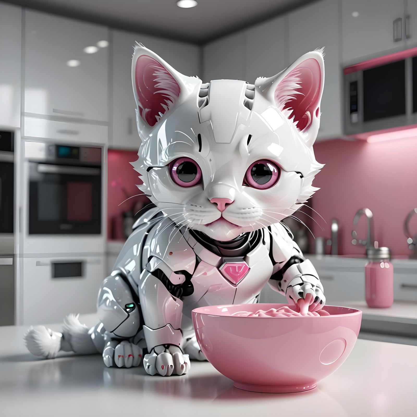 Robot Kitten Drinks Milk in Futuristic Kitchen