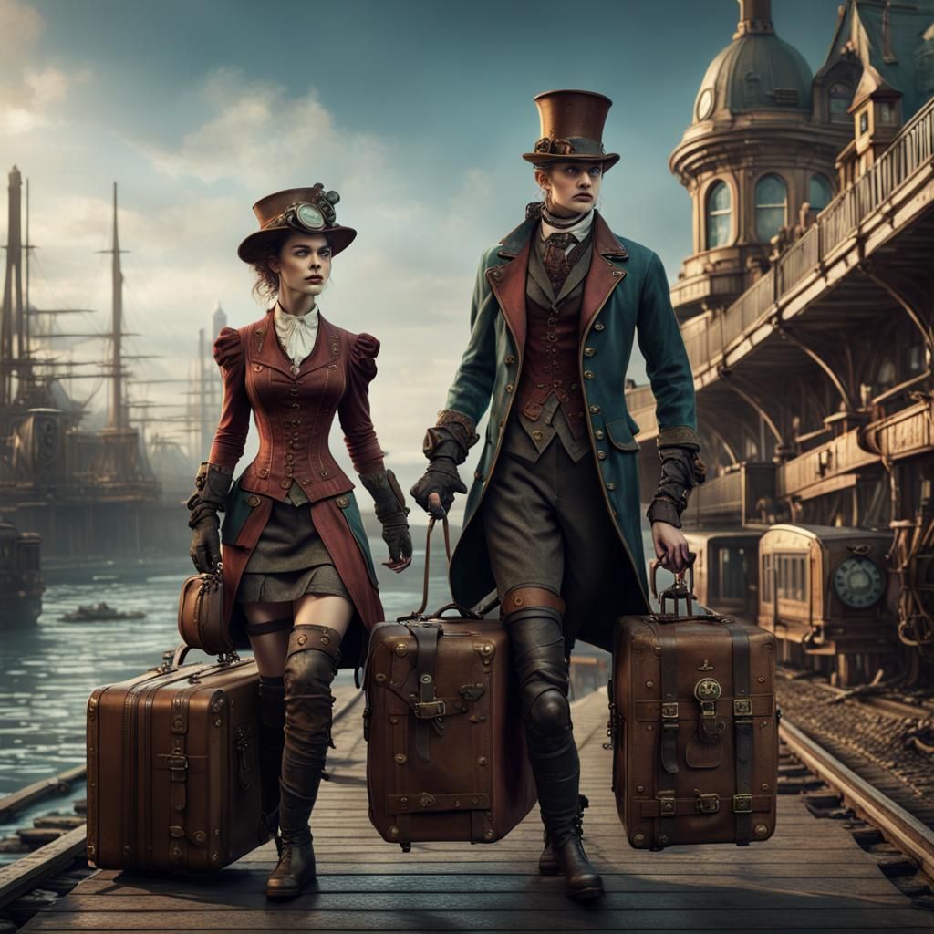Steampunk Couple on Train Platform: Detailed Matte Painting