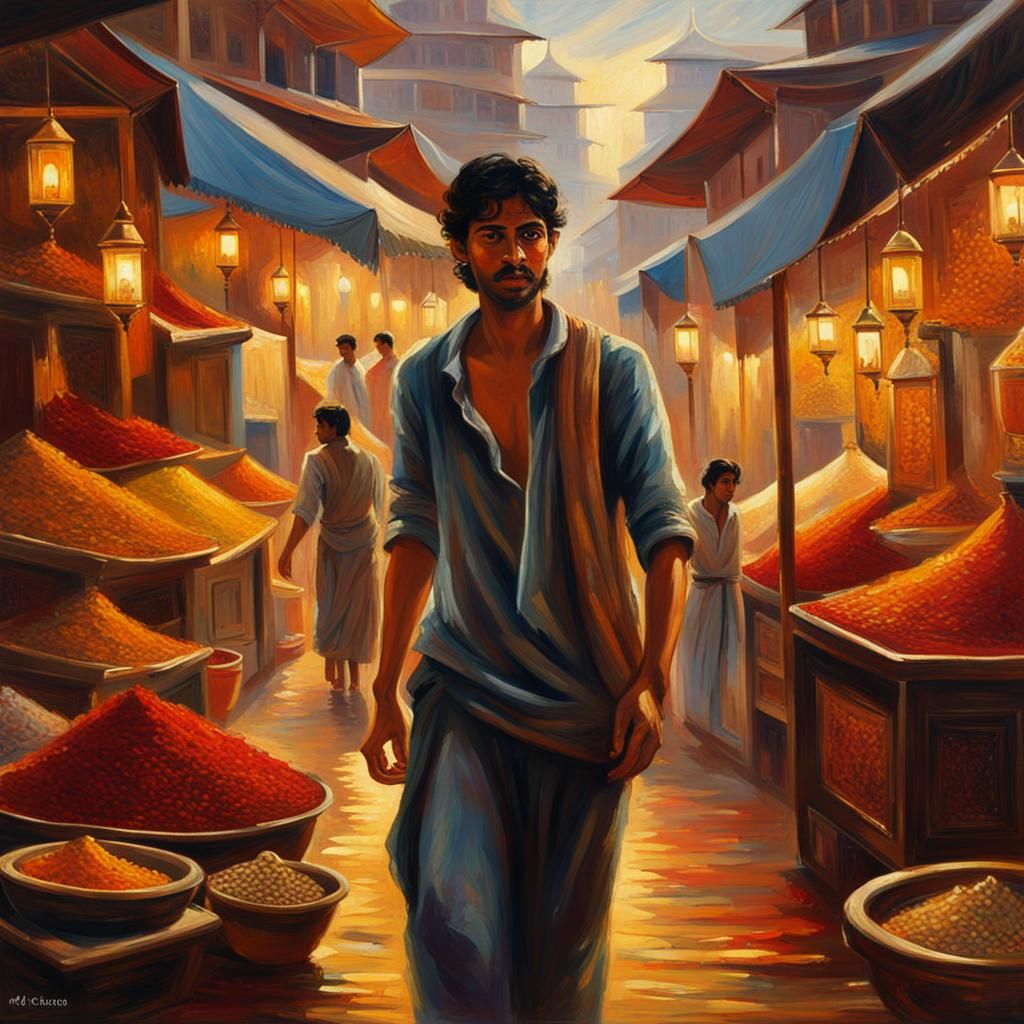 Impressionist Market Scene with Shining Lamp