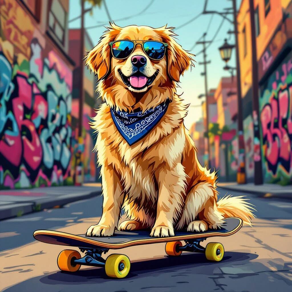 Golden Retriever on Skateboard in Comic Book Style