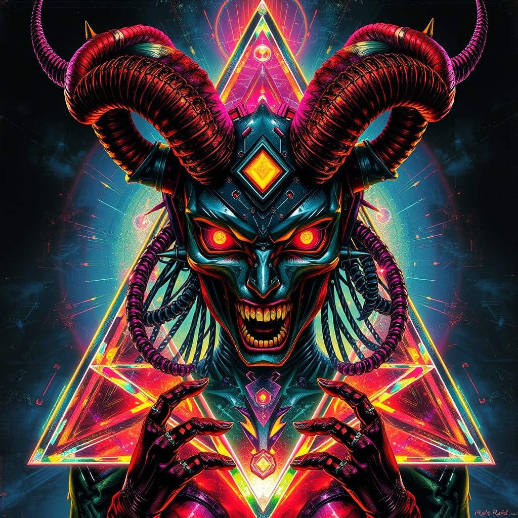 Cyborg Baphomet in Kaleidoscopic Crystal Triangle