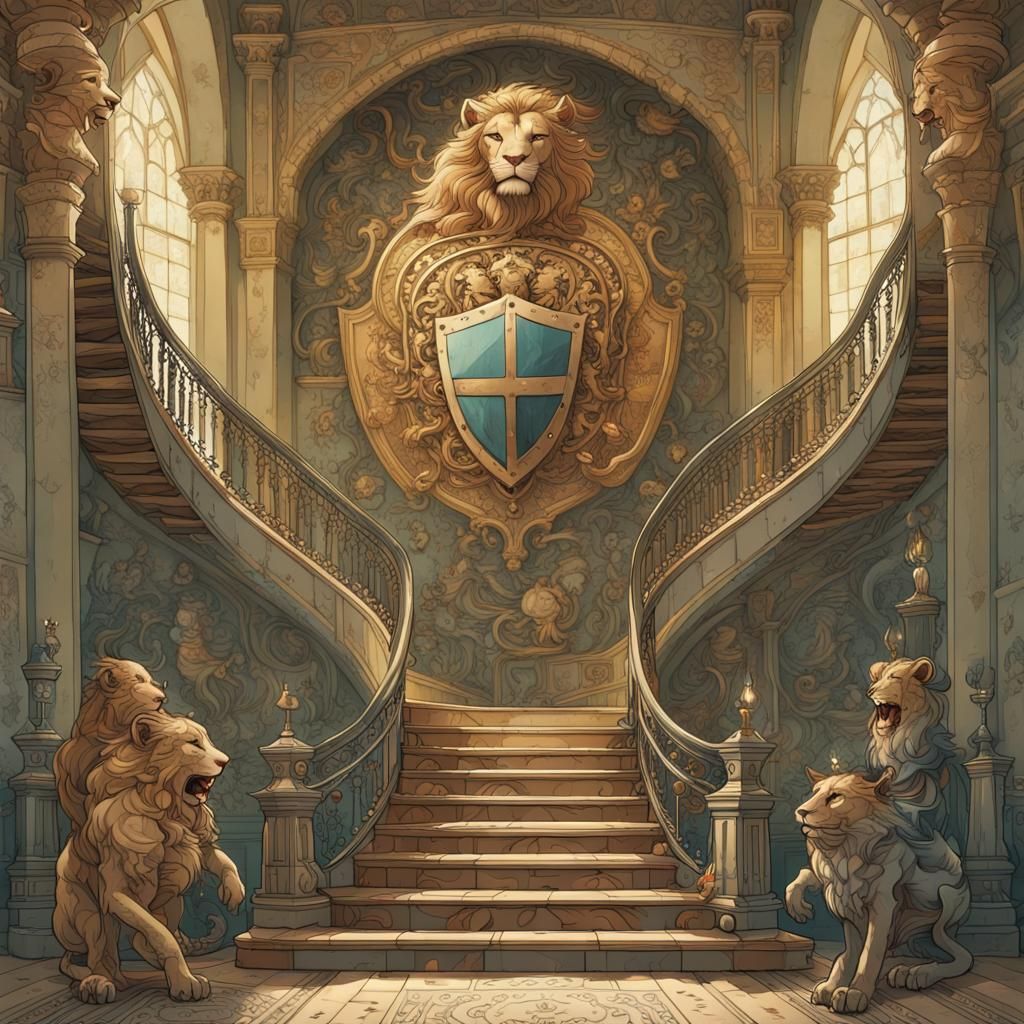 Magical Castle Staircase with Medieval Armor in Watercolor S...