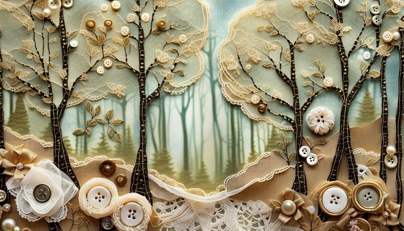 Whimsical Forest Collage Art with Lace Trees