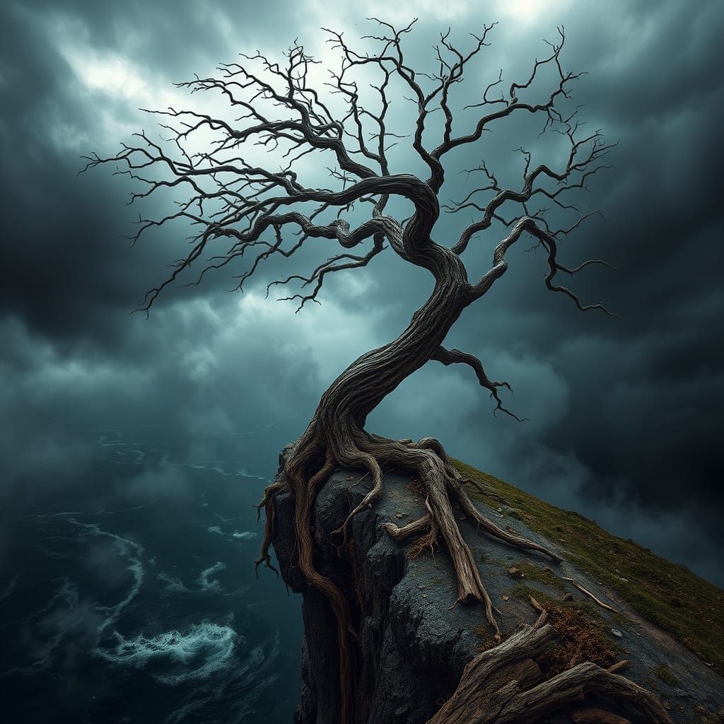 Windswept Tree on Cliff Edge in Dramatic Lighting