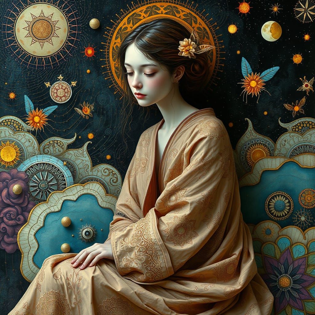 Dreamlike Figure in Whimsical, Textured Landscape