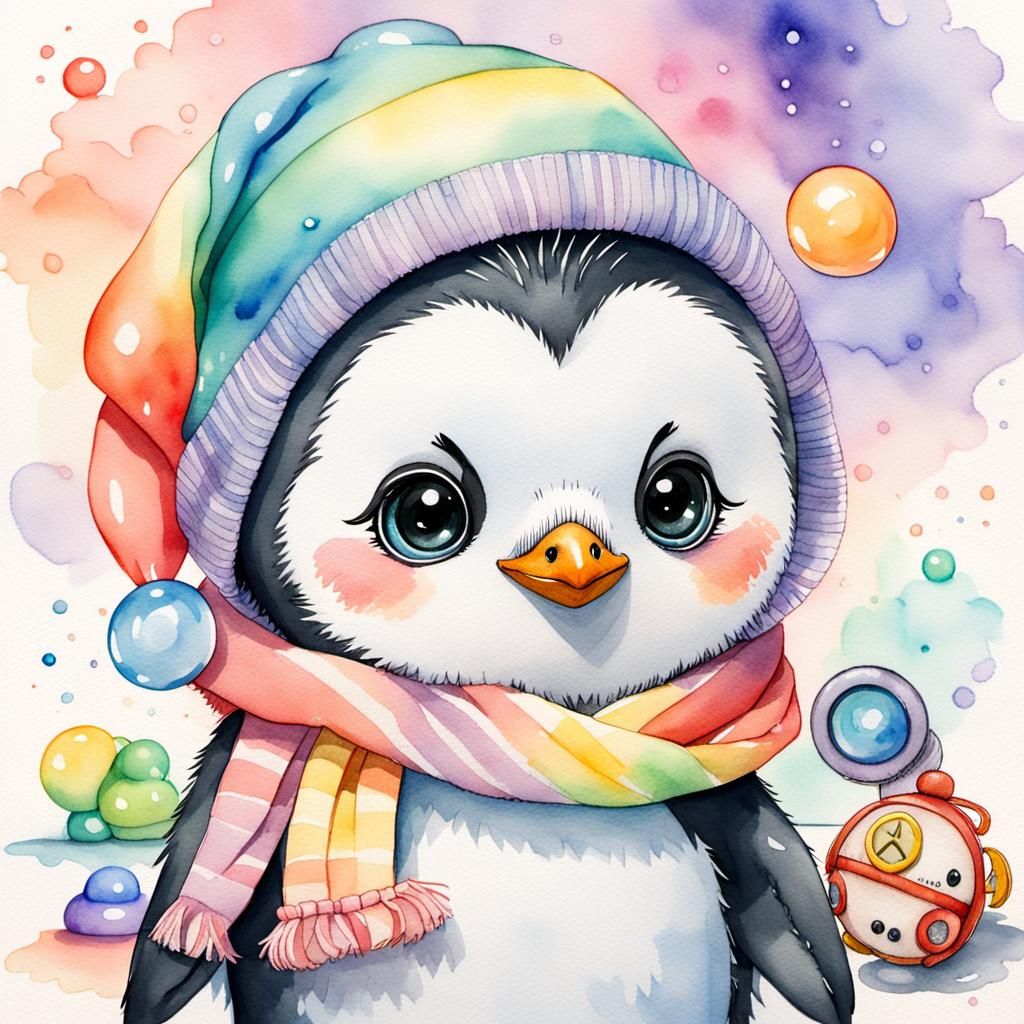 Watercolor Painting of a Cute Chibi Penguin