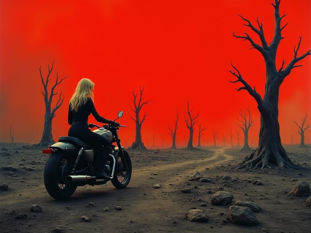 Woman on Motorcycle in Apocalyptic Wasteland