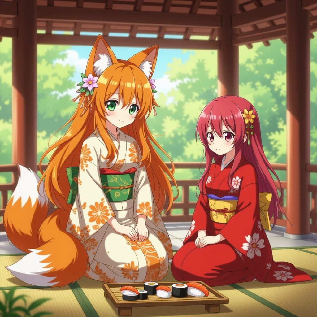 Anime Fox Girl and Friend Enjoying Sushi in Pagoda
