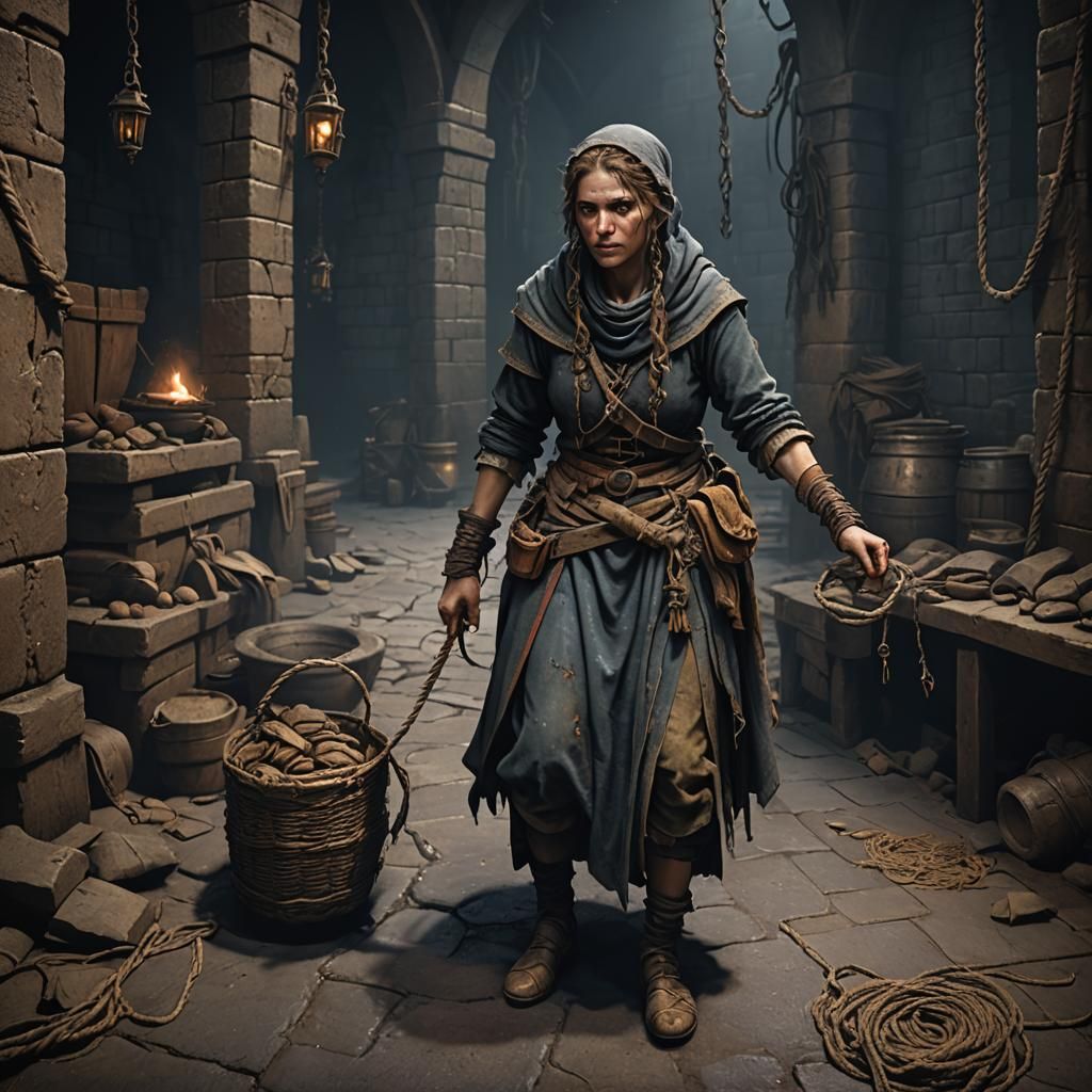 Medieval Beggar Girl in Dark Dungeon: Fantasy Concept Art