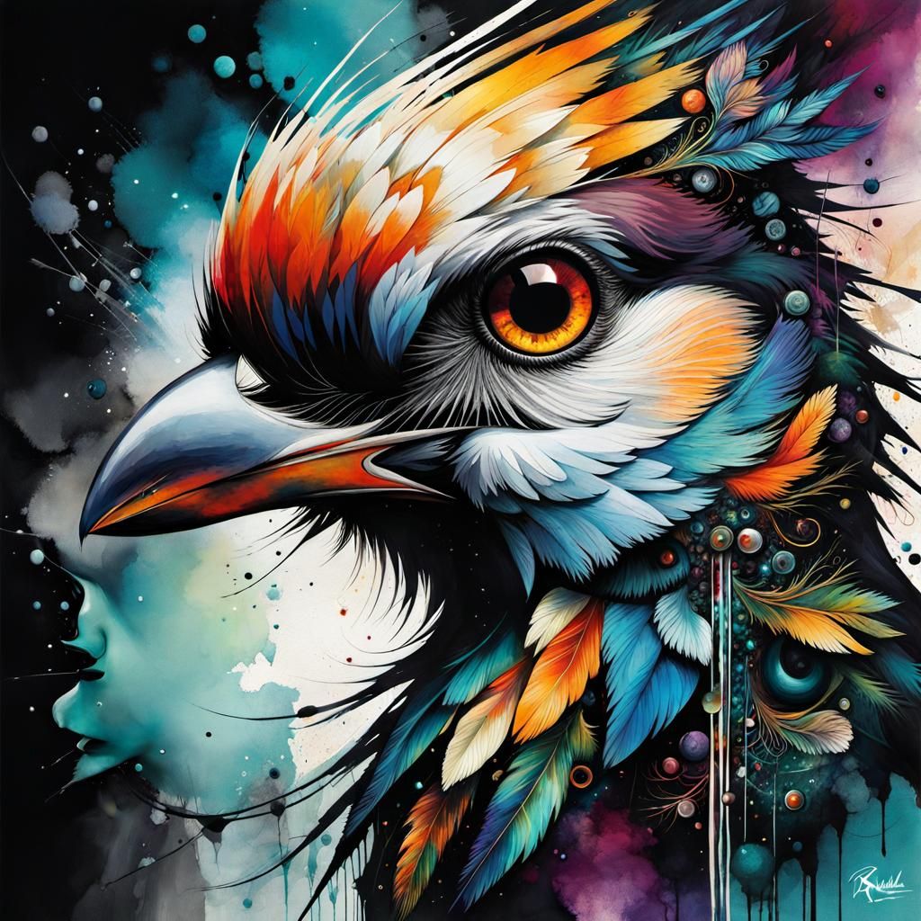 Bioluminescent Birds in Alcohol Ink Style