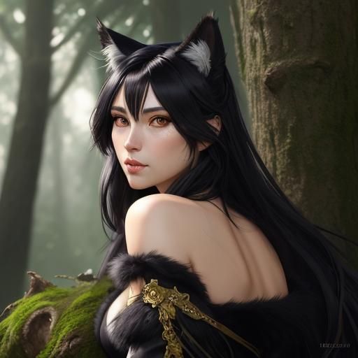 Anime Cat Girl Portrait in Forest, Detailed Digital Art