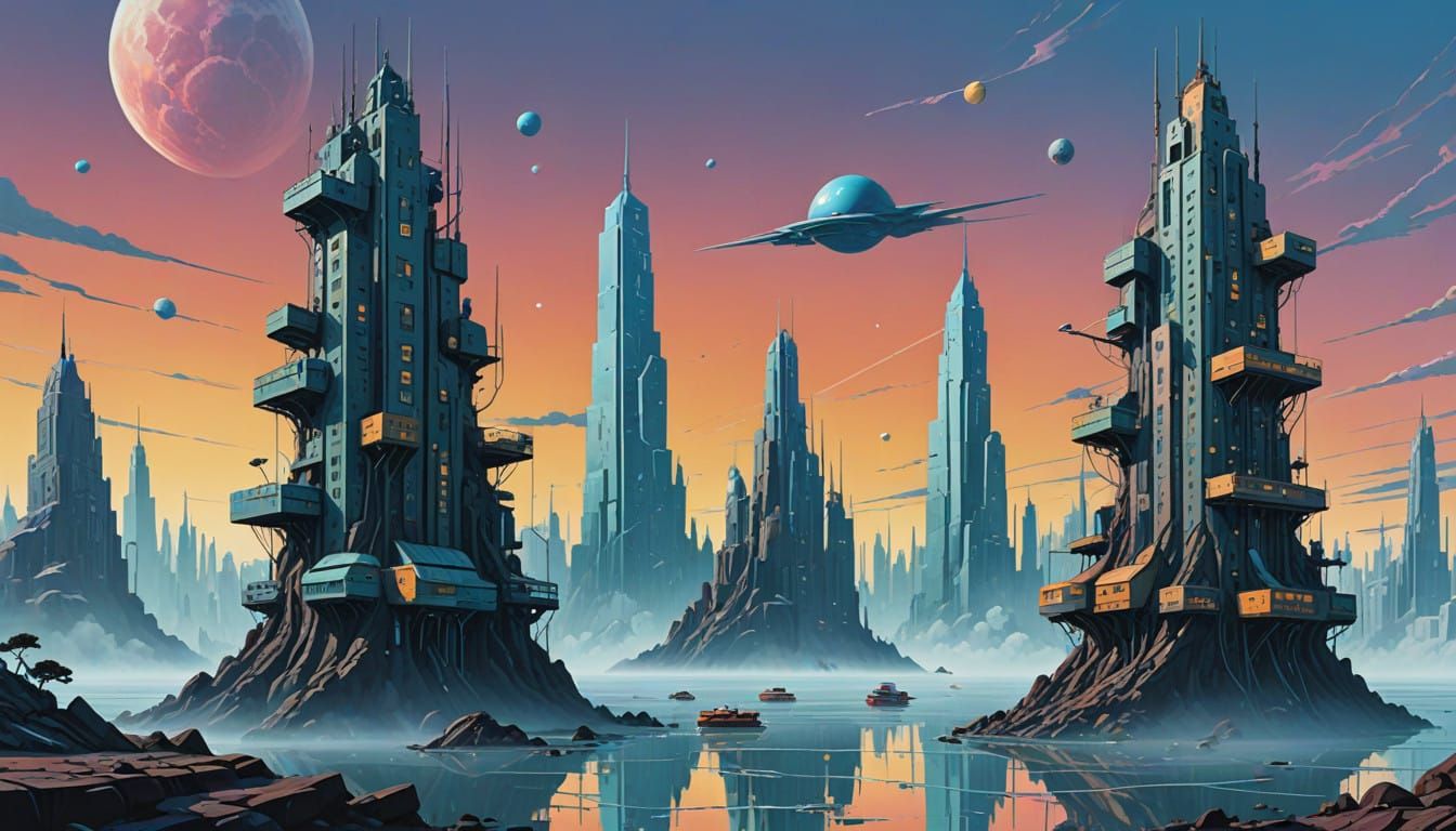 Dreamy, Surreal Futuristic Metropolis in Vibrant Oil Paint S...