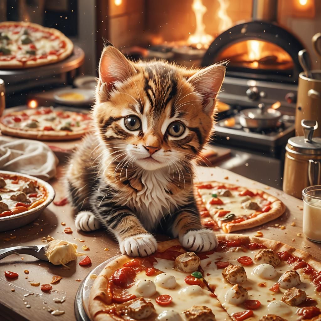 Kitten Nap on Pizza: Whimsical Digital Illustration